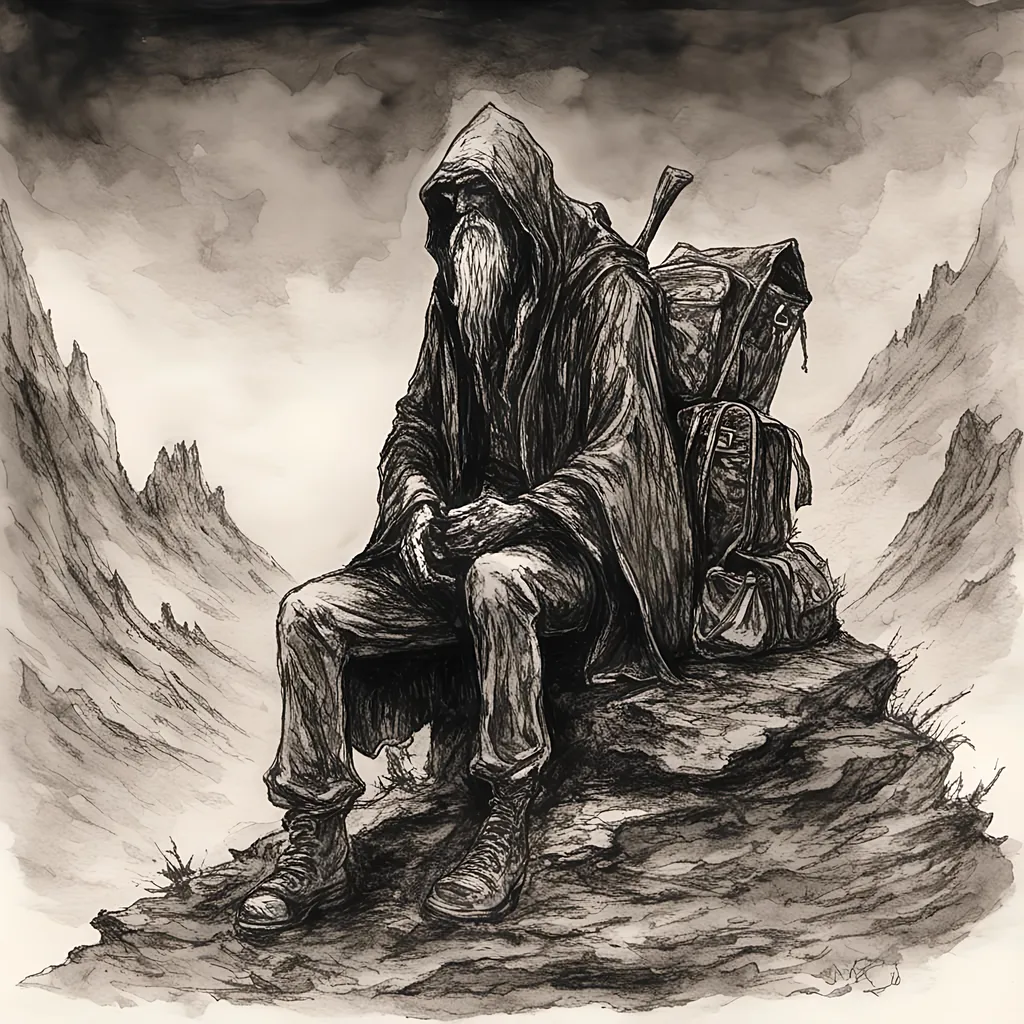 Prompt: <mymodel> sumi black ink, Inktober, dark fantasy, the hermit with backpack 