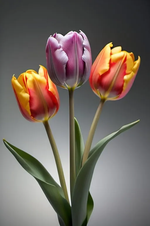 Prompt: abstract tulip flowers artistic photograph, three dimensional, one larger flower  in the foreground and some more in the background, high depth of field, each flower different color, soft blurry edges, with grey gradient background going from darker grey in bottom to light grey over to the top, soft shadows and pleasant lighting