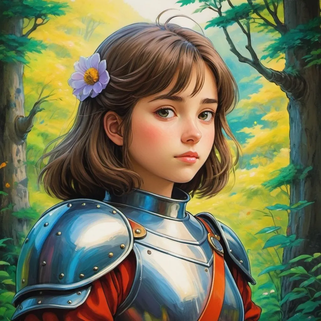 Prompt: female storybook knight, dreamy, studio ghibli, masterpiece painting, vivid colors, detailed