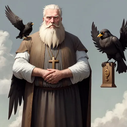 Prompt: St kevin, old man with large beard. holding his arms out. in one hand he holds a blackbird
