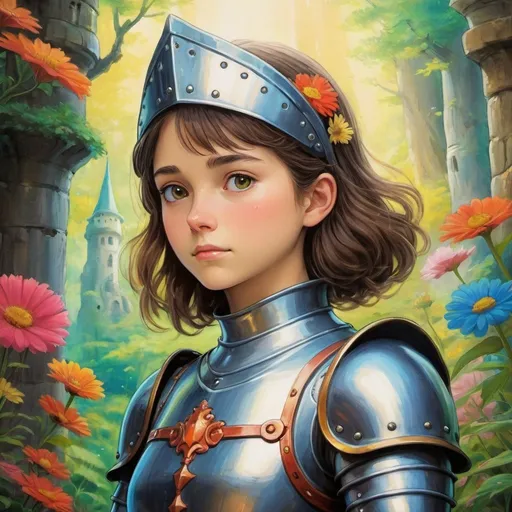 Prompt: female storybook knight, dreamy, studio ghibli, masterpiece painting, vivid colors, detailed