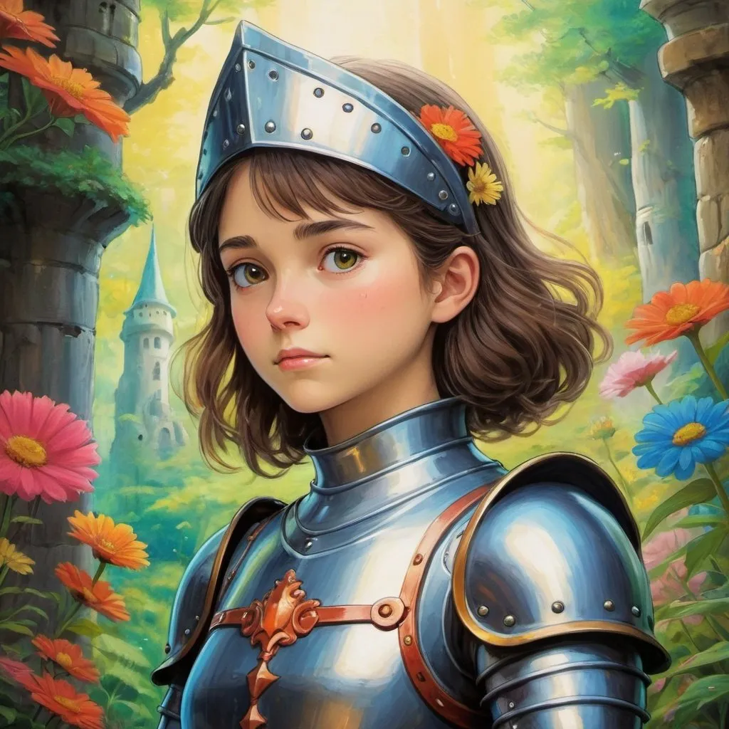 Prompt: female storybook knight, dreamy, studio ghibli, masterpiece painting, vivid colors, detailed