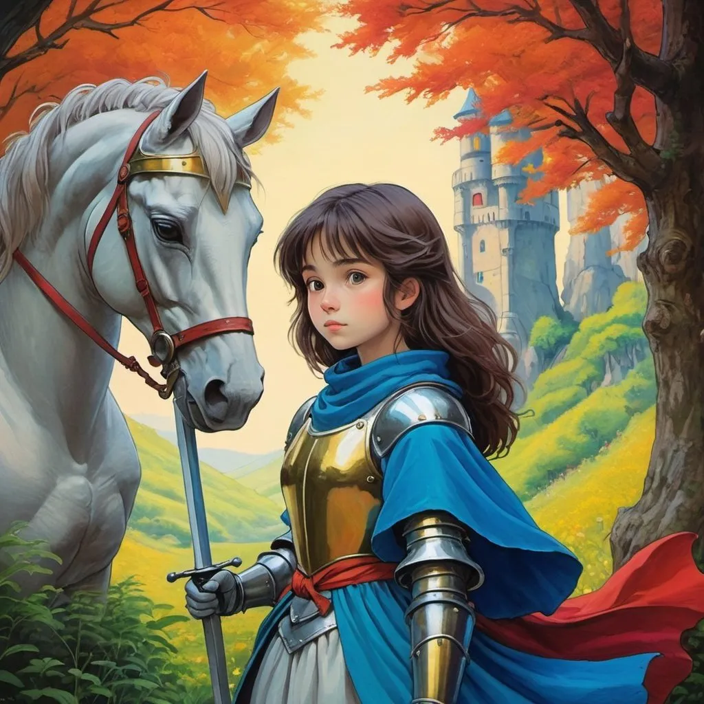 Prompt: female storybook knight, dreamy, studio ghibli, masterpiece painting, vivid colors, detailed