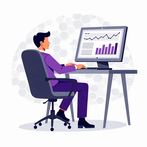 Prompt: photorealistic businessman in purple suit relaxing in office chair, computer screen showing statistics, hexagonal pattern background, professional corporate setting, confident pose, modern office desk, isolated on white background