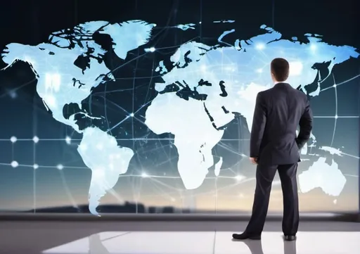 Prompt: Businessman standing with back and looking at global business concept on screen
