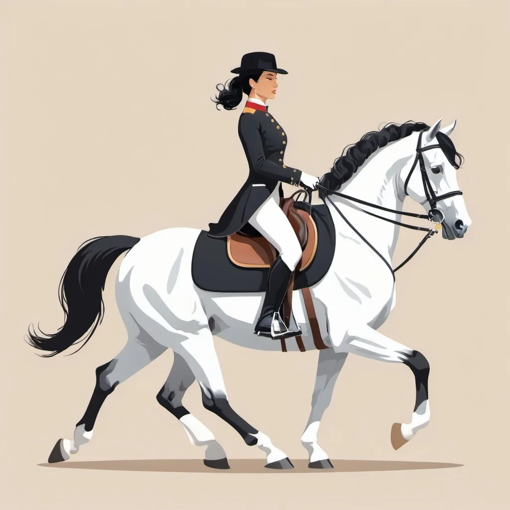 Prompt: Flat illustration a woman in an equestrian outfit riding a dressage horse. She is thin, with black hair and light skin.