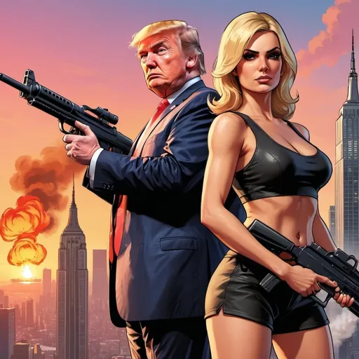 Prompt: GTA V cover art, blonde woman with machine gun and Donald Trump with flame thrower in New York city scape at sunset, cartoon illustration