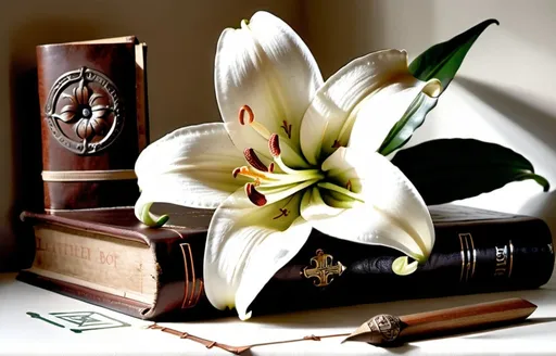 Prompt: Simple still life with a white Easter lily with six petals, a large leather-bound version of the Summa Theologia, and a wooden ruler, with a Tudor rose medallion hovering like a watermark stamp in the upper left hand corner of a light but muted background.