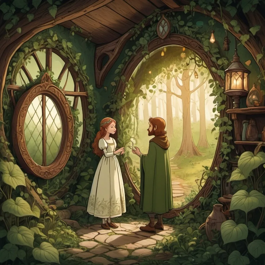 Prompt: Whimsical 2D illustration of two characters in a fairytale forest, standing in a medieval hobbit home, green and brown attire, white folkdrakt dress, vines, magical mirror, enchanting woodland setting, vintage cartoon style, Ireland, detailed linework, warm tones, atmospheric lighting, highres, vintage, whimsical, fairytale forest, medieval, hobbit home, folkdrakt dress, vines, magical mirror, enchanted, woodland, vintage cartoon, detailed linework, warm tones, atmospheric lighting