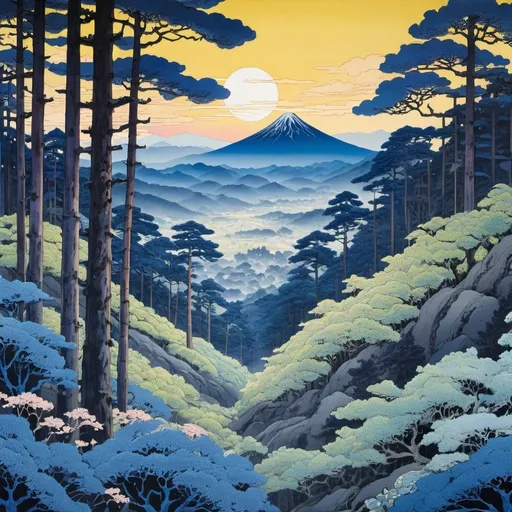 Prompt: Detailed painting of indigo forest at sunrise, inspired by Tomokazu Matsuyama and ukiyo-e, pine trees, mythical floral hills, yoji shinkawa and geof darrow, professional, highres, detailed, indigo, sunrise, forest, ukiyo-e, pine trees, mythical, Tomokazu Matsuyama, yoji shinkawa, geof darrow, floral hills, Japanese landscape, atmospheric lighting, sunrise glow