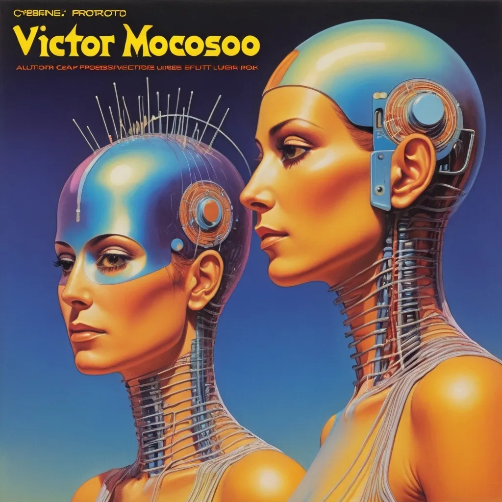 Prompt: a painting of two people standing next to each other, an album cover, by Victor Moscoso, retrofuturism, simple futurist cyborg empress, wires cybernetic implants, 70s progressive rock logo, profile shot