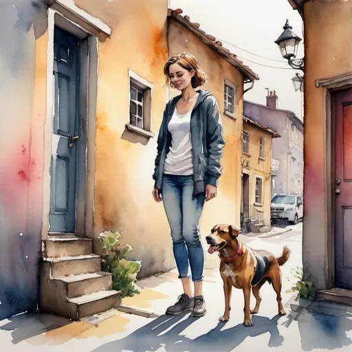 Prompt: watercolor and ink painting of a woman standing next to a dog, 480p, old town, interesting perspective, funny, atmospheric lighting, detailed characters, playful, urban setting, vibrant color palette, cozy atmosphere