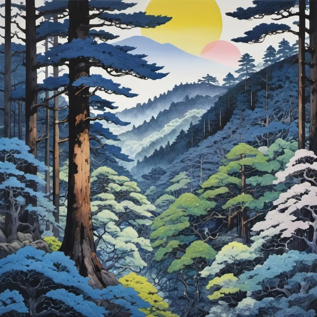 Prompt: a painting of a forest filled with lots of trees, detailed, inspired by Tomokazu Matsuyama, ukiyo-e, an indigo forest in japan, at sunrise, yoji shinkawa and geof darrow, mythical floral hills, pine trees, 2018