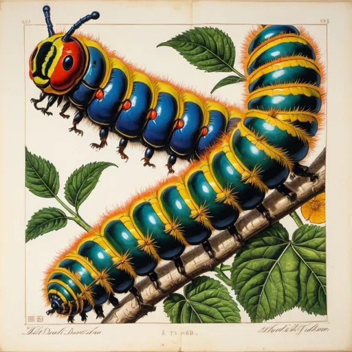 Prompt: Colorful woodblock print of a vibrant caterpillar, intricate detailing, vivid colors, high quality, realistic, Jan Davidszoon De Heem style, botanical art, detailed patterns, vibrant hues, naturalistic, precise lines, rich textures, historical illustration, museum-worthy, striking contrast, lifelike representation, dynamic composition, exquisite craftsmanship, classic artistry, detailed woodblock print