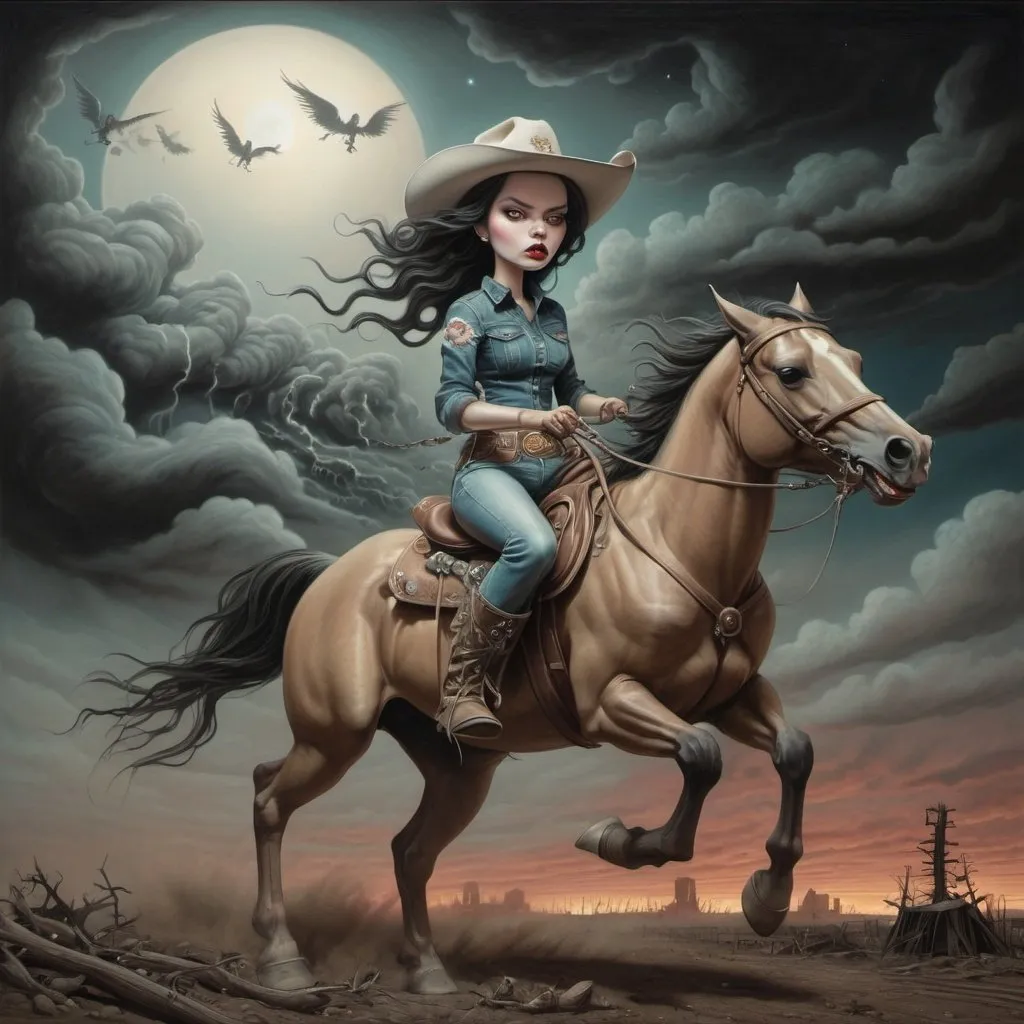 Prompt: A colorcalyptic Drawing Of A Woman Riding A Horse,  PostApocalyptic Cowgirl, Tornado, Nighttime Scene, Mark Ryden In The Style Of, Chicano Airbrush Art, Feng Zhu |