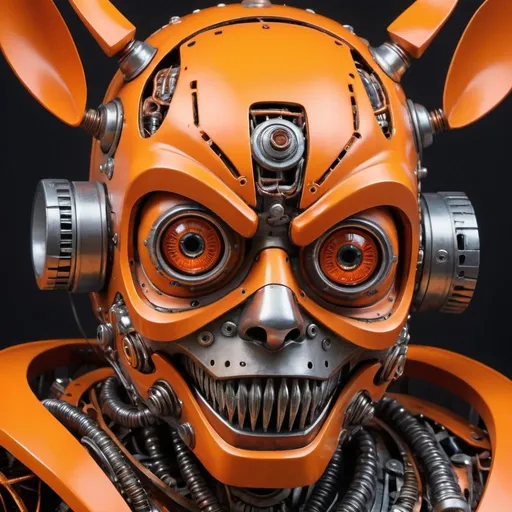 Prompt: Close-up kinetic art illustration of a person with a robot mask, vibrant orange head, scrap metal details, rat fink style, bottom view, professional quality, detailed, kinetic art, vibrant orange, robot mask, scrap metal, rat fink style, close-up, intense gaze, futuristic, professional lighting, dynamic composition