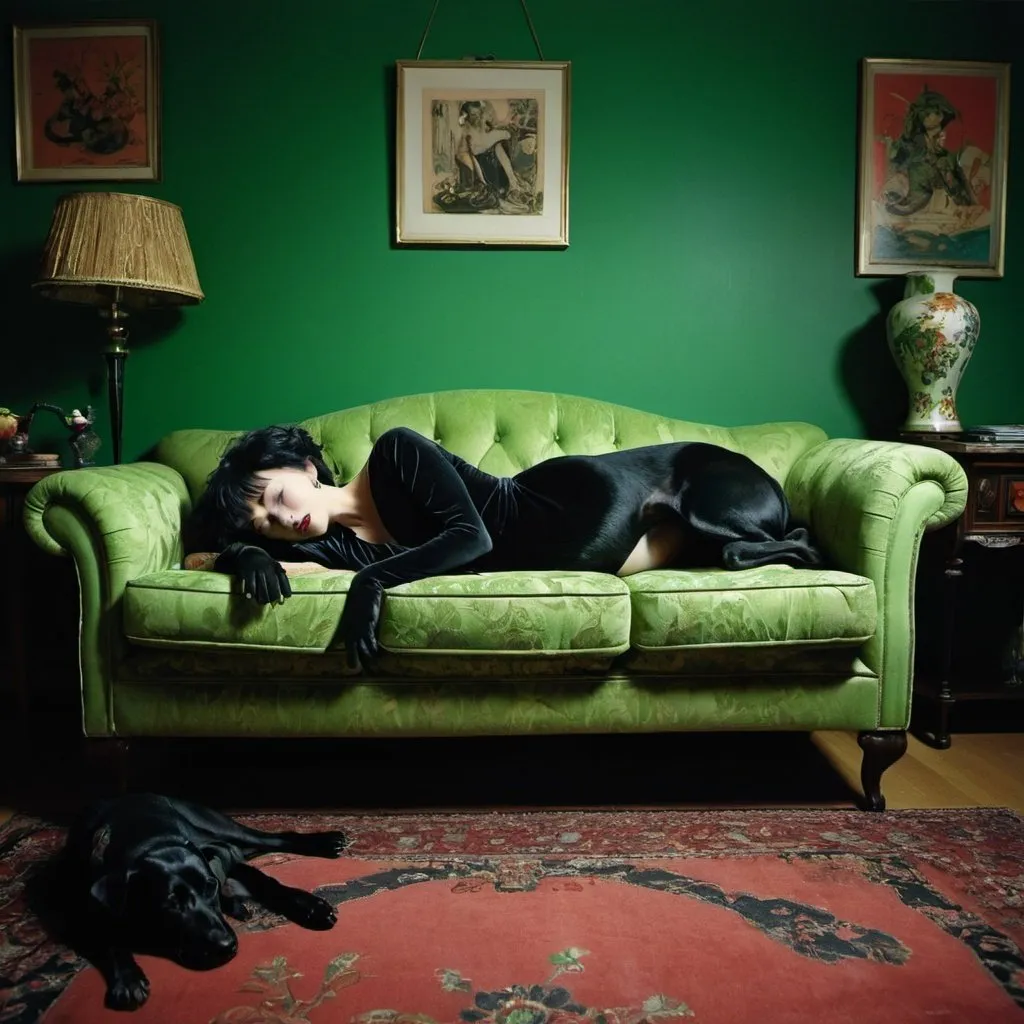 Prompt: a woman laying on a couch in a living room, by Jeka Kemp, flickr, maximalism, green and black color scheme, black dog, chie yoshii, horst p. horst, sleep paralysis, catalog photo