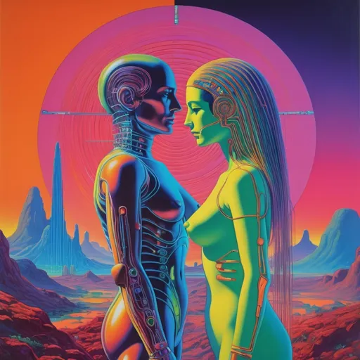 Prompt: a painting of two people standing next to each other, an album cover, by Victor Moscoso, retrofuturism, simple futurist cyborg empress, wires cybernetic implants, 70s progressive rock logo, profile shot