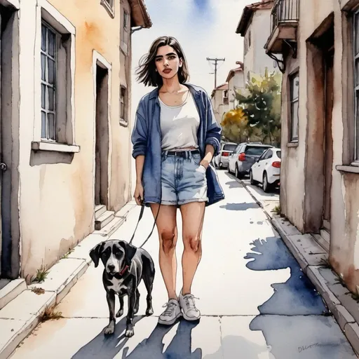 Prompt: a watercolor and ink painting of a woman standing next to a dog on a sidewalk, 4 8 0 p, meni chatzipanagiotou, old town, very funny, dua lipa, interesting perspective