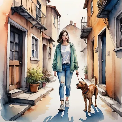 Prompt: watercolor and ink painting of a woman standing next to a dog, 480p, old town, interesting perspective, funny, Dua Lipa, atmospheric lighting, detailed characters, playful, urban setting, vibrant color palette, cozy atmosphere