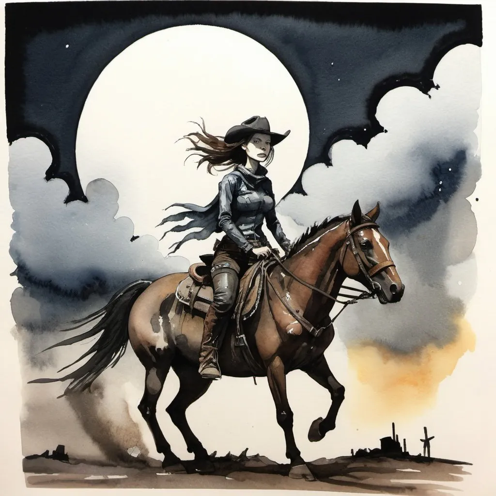 Prompt: A watercolor and ink drawing Of A Woman Riding A Horse, inspired by Shinoda Toko, Postapocalyptic Cowgirl, Tornado, Nighttime Scene