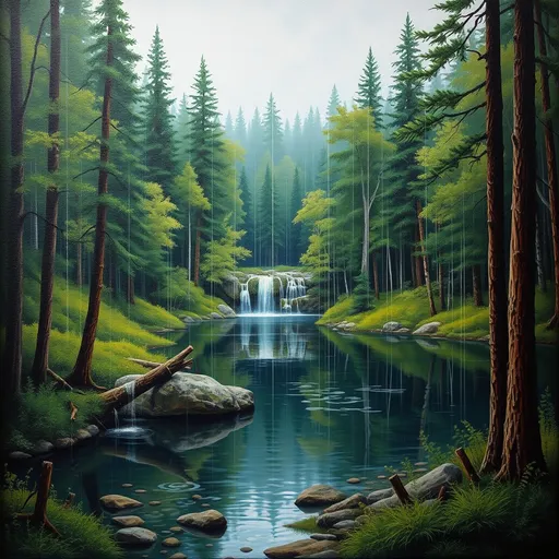 Prompt: a painting of a pond surrounded by trees, by David Brewster, tumblr, naive art, falling rain,  rick dai, julian opie, with waterfalls, camp