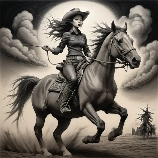 Prompt: A colorcalypse Drawing Of A Woman Riding A Horse, A Charcoal Drawing insired by By Shinoda Toko, Post - Apocalyptic Cowgirl, Tornado, Nighttime Scene, Mark Ryden In The Style Of, Chicano Airbrush Art, Feng Zhu |