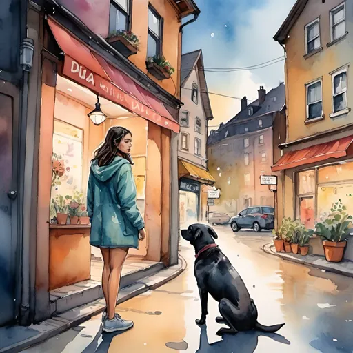 Prompt: Watercolor and ink painting of a woman and dog, interesting perspective, detailed characters, atmospheric lighting, playful, urban setting, vibrant color palette, cozy atmosphere, Dua Lipa, old town, funny, 480p, professional art style, cozy urban scene, watercolor and ink, detailed characters, atmospheric lighting, vibrant colors, playful, Dua Lipa, interesting perspective, dog companion, old town vibes, cozy atmosphere