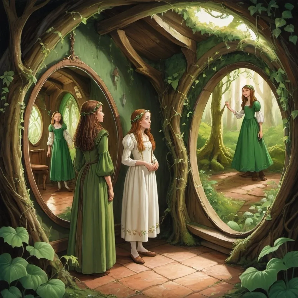 Prompt: a painting of a person standing in front of a mirror, in a whimsical fairytale forest, 2d movie still, green and brown clothes, inside a medieval hobbit home, with two characters, wearing a white folkdrakt dress, clad in vines, ireland, 2 0 0 0 s cartoon