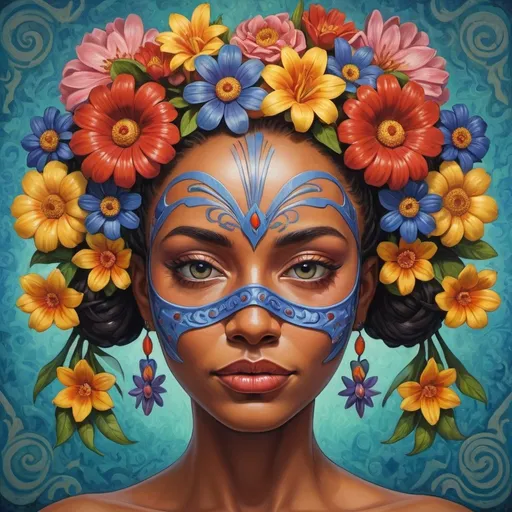 Prompt: Portrait of a woman with flowers in her hair, detailed face with mask, symmetrical front face portrait, americana, cg society contest winner, toyism, Lily Delissa Joseph, ororo munroe, Glenn Barr, unknown artist, painting, detailed, highres, symmetrical, americana, toyism, flowers in hair, detailed face, mask, portrait, vibrant colors, professional, detailed, symmetric, textured, intricate, high-quality