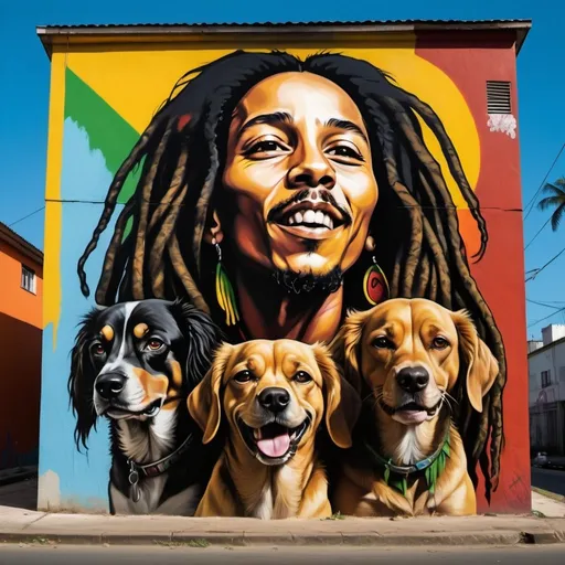 Prompt: Group of dogs painted on a building, ultrafine detail, street art, Craola style, featured on Reddit, photo of a black woman, Bob Marley reference, Google Arts and Cultures, Sao Paulo, realistic, high-res, colorful, urban, detailed mural, graffiti, vibrant colors, photorealistic, urban art, professional lighting