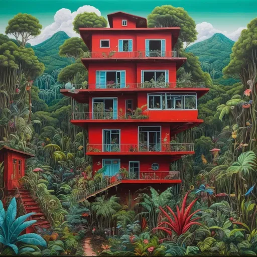 Prompt: a painting of a house in the middle of a jungle, inspired by Federico Uribe, maximalism, acryl painting, inhabited on many levels, sticker of a home in the forest, inter dimensional villa, red building, very full detail