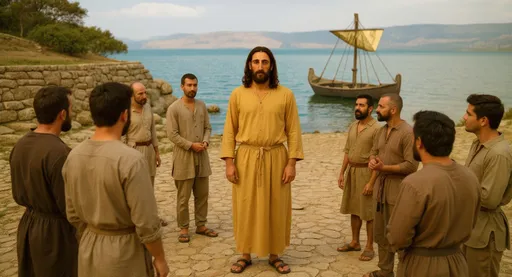 Prompt: zoom out, and turn the camera from the front to the back, in the air,showing the small number of simples fishermen and local galileans listening to the speech of jesus, in kafarnaum, 1st century. the men are wearing clothes from the first century . sandals, simple clothing