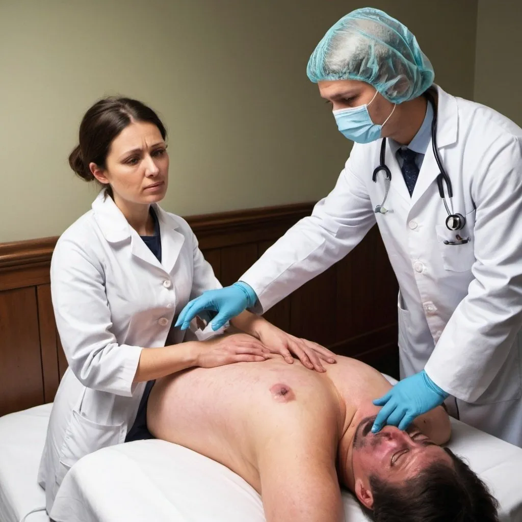 Prompt: A doctor in modern clinical attire examining a patient for symptoms of the bubonic plague, looking for signs such as swollen lymph nodes.