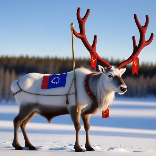 Prompt: Reindeer with the Sàpmi flag as its horns