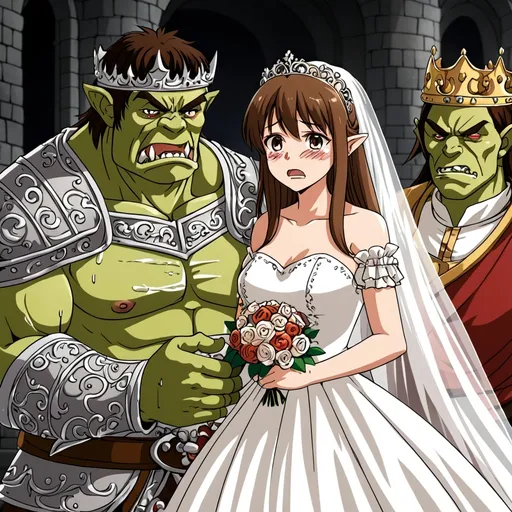 Prompt: anime, girl, ,brown hair,brown eyes,Caucasian, crying, forced to marry orc king  but anime prince saves her