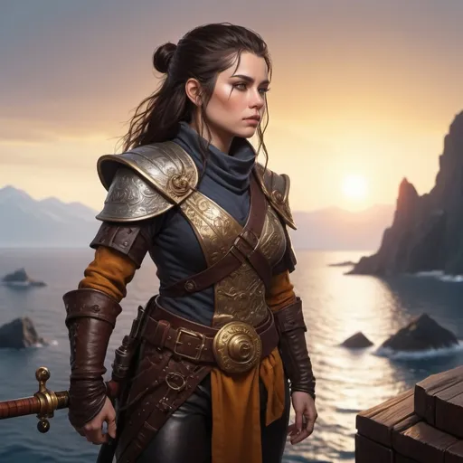 Prompt: (dwarven swashbuckler), gazing intently at the vast sea, (dark hair), (fair features), adorned in (well-tailored leather attire), showcasing her adventurous spirit. A majestic katana rests securely in its scabbard on her back. The setting sun casts warm, golden tones across the water, creating a dramatic atmosphere. (ultra-detailed) and (cinematic) composition. Shes on the deck of a (ship), looking through a (telescope) a (ship on the horizon).