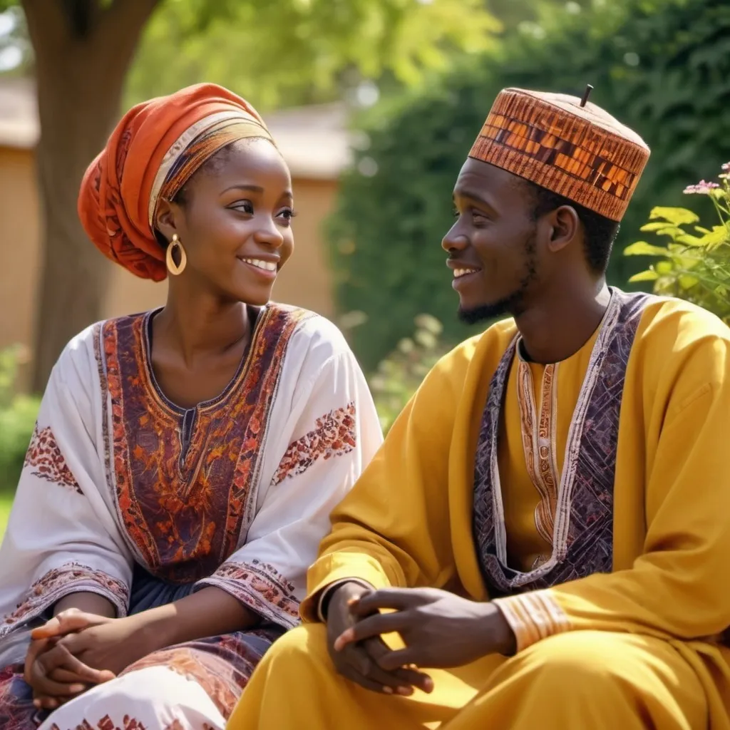 Prompt: A young Hausa woman sitting and chatting with her husband 