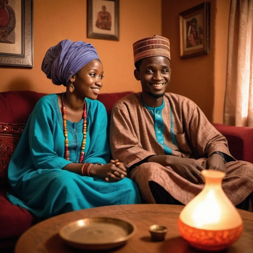 Prompt: A young Hausa woman sitting and chatting with her husband in their roop