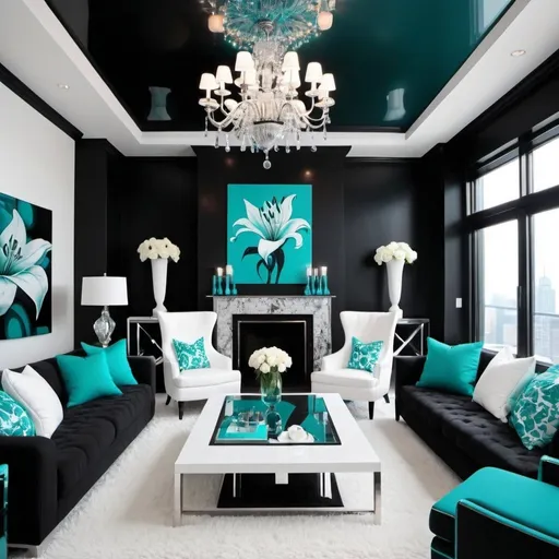 Prompt: (black, teal, white with teal roses and white lilies as a theme for the entire penthouse)boasts a neon modern-style home with a white, black, and teal interior. The living room (teal silver black and white paintings of lilies) features a crystal chandelier, a long white sectional sleeper sofa, a corner fireplace with white brick walls, clear coffee tables, and a teal rug
