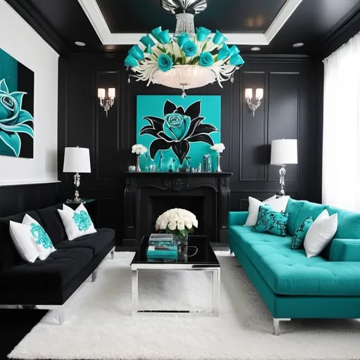 Prompt: (black, teal, white with teal roses and white lilies as a theme for the entire penthouse)boasts a neon modern-style home with a white, black, and teal interior. The living room (teal silver black and white paintings of lilies) features a crystal chandelier, a long white sectional sleeper sofa, a corner fireplace with white brick walls, clear coffee tables, and a teal rug