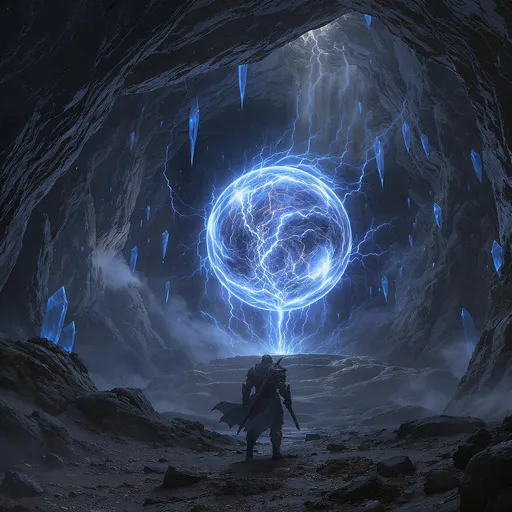 Prompt: Inside an ancient temple built into a mountainside, glowing blue crystals line the walls, a massive storm orb floats in the center, pulsing with power as the warrior approaches it with cautious awe, mystical and ancient fantasy vibe."
