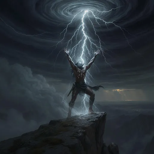 Prompt: A young warrior stands on a high cliff, arms raised as a bolt of lightning strikes down from the sky into his chest, glowing runes appear on his skin, storm clouds spiral above him, power surging through his body, dark epic fantasy art.