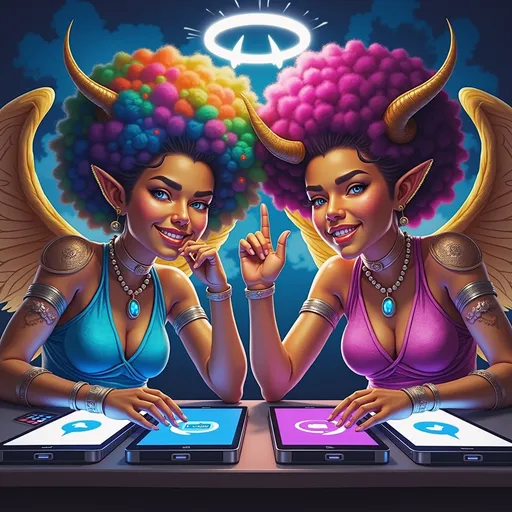 Prompt: A futuristic dual-personality AI character, angelic side with glowing blue halo, gentle smile, soft facial features, large white wings, kind and supportive expression, fiery mischievous side with red halo, mischievous grin, intense eyes, small curved horns matching angelic side, bold and witty demeanor, seamless blend of light and dark elements, dynamic contrast, digital art style, vibrant lighting highlighting both personalities, waist-up portrait, ultra-detailed, 4K quality.
