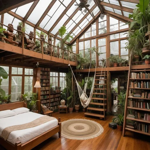 Prompt: A bedroom that has a 4 story greenhouse roof with lots of wooden tiki statues and a hammock. Lots of books. And a sunken living room. And a cable suspended staircase 