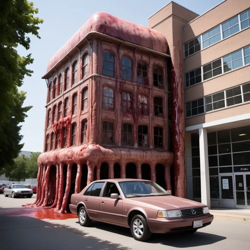 Prompt: A 4 story building made out of human flesh that is kept alive using machinery to pump blood and circulate oxygen. With a car made out of human flesh parked outside 