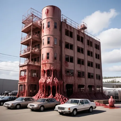 Prompt: A 4 story building made out of human flesh that is kept alive using machinery to pump blood and circulate oxygen. With a car made out of human flesh parked outside 