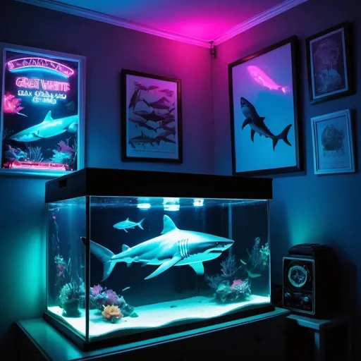 Prompt: A great white shark in a small fish tank in a bedroom with neon lights and black light posters everywhere 