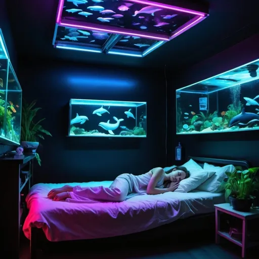 Prompt: A person sleeping in a bed. Neon lights. Black light posters. Empty room. Fishtank with tiny orca whales. The persons head is a mushroom 