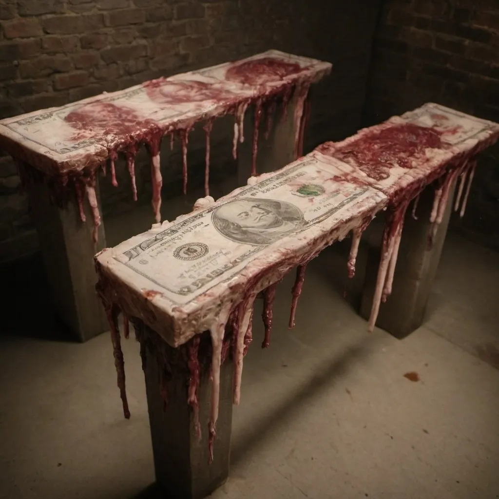 Prompt: A stake of US dollar bills, made of human flesh and blood. In a safe. In a basement. Creepy. 